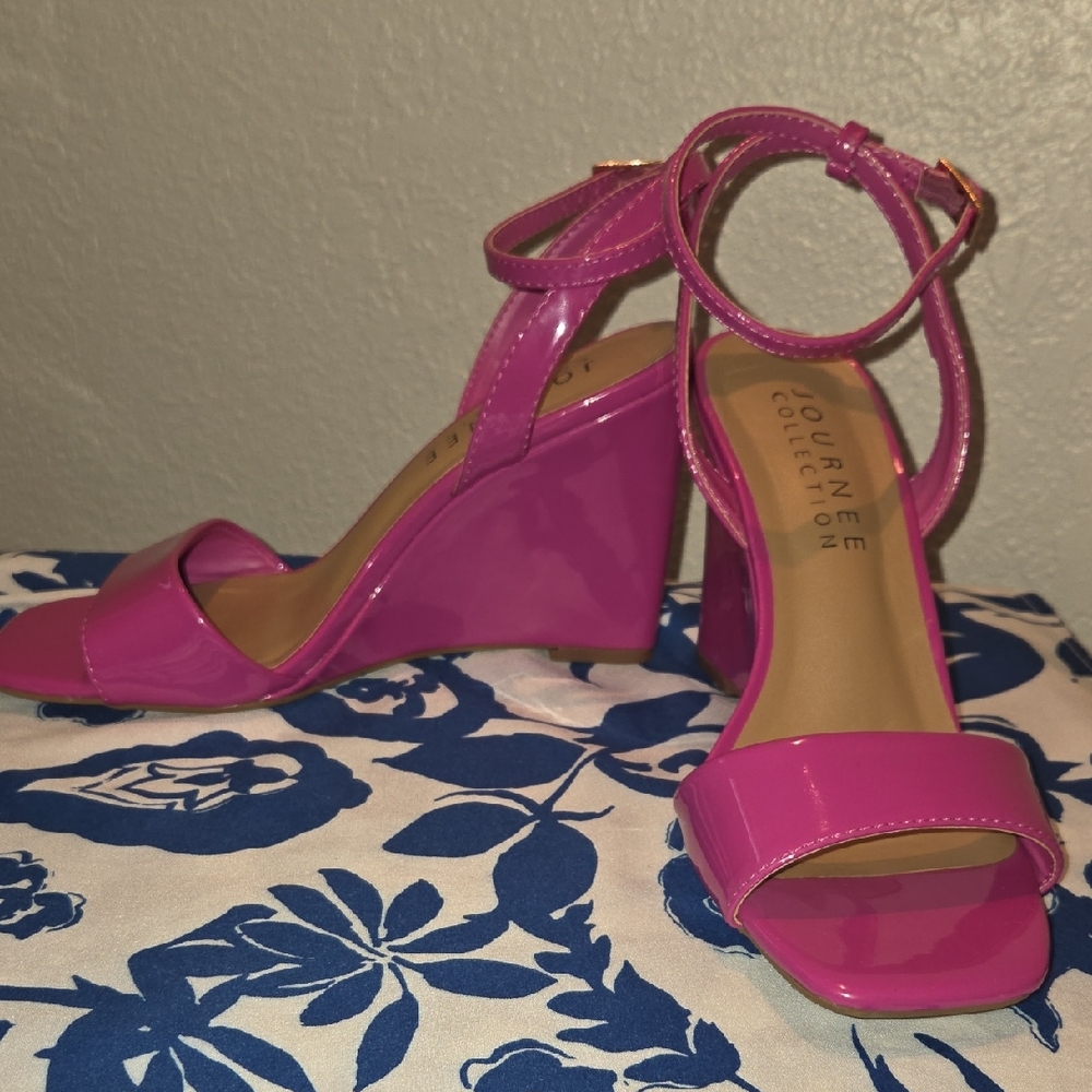Journee Collection Pink Wedge Sandals with Suede Finish